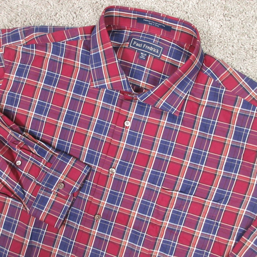 Paul Fredrick Shirt Mens 2XL 18.5 34 Red Blue Plaid Premium Dress Button Up NEW